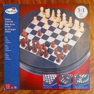 DELUXE GAME SET - Chess, Checkers, Backgammon Portable with Storage Pavilion